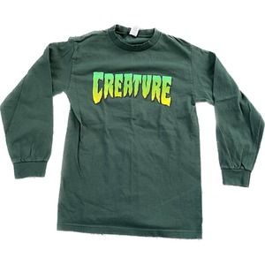 Vintage NHS Creature Skateboards T Shirt Mens Small Spell Out Green Skate Y2K